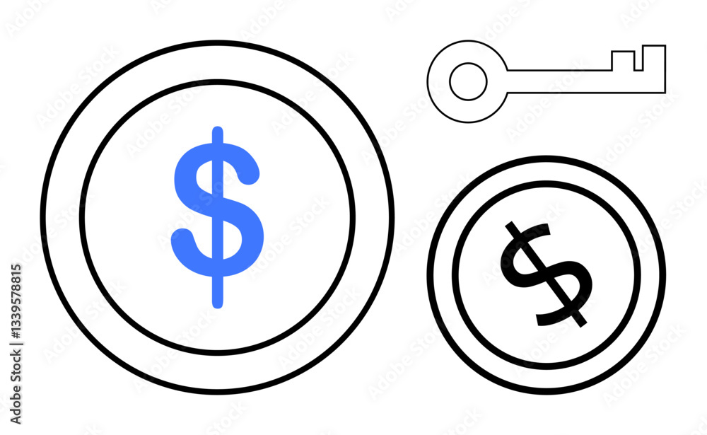 Two coins with dollar signs of varying sizes alongside an open key outline. Ideal for finance, investment, saving, access, wealth, banking, opportunity. Minimalist flat simple metaphor Two coins with dollar signs of varying sizes alongside an open key outline. Ideal for finance, investment, saving, access, wealth, banking, opportunity. Minimalist flat simple metaphor