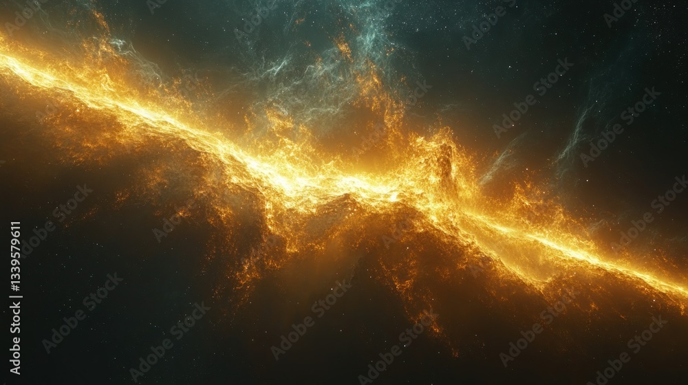 Fototapeta premium Fiery cosmic ribbon slicing through the void. A vibrant, glowing, orange-gold energy filament extends across a dark, star-strewn expanse. Distinctive swirling nebulae surround it