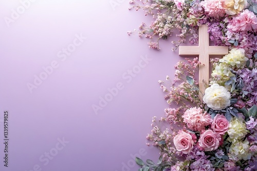 Easter Background, Easter Banner, Wooden Cross with Pastel Pink Purple Flowers on Lavender Background Easter Sympathy Floral Design