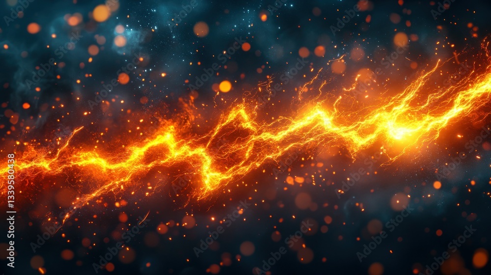 Fiery energy flows across a dark background. Intense, glowing, orange-yellow streaks of energy, Fiery energy flows across a dark background. Intense, glowing, orange-yellow streaks of energy,