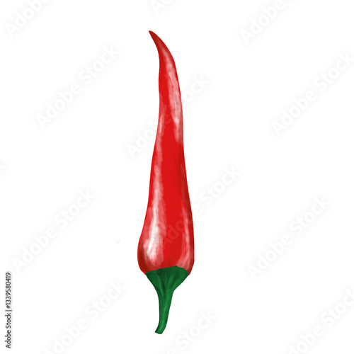 A realistic digital painting of a red chili pepper with a green stem on a white background. The chili is elongated, slightly curved, and has a glossy texture, emphasizing its freshness and spiciness.