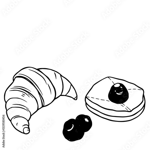Delicious Pastry and Berry Delights: A Croissant Cake and Raspberries Illustration                          