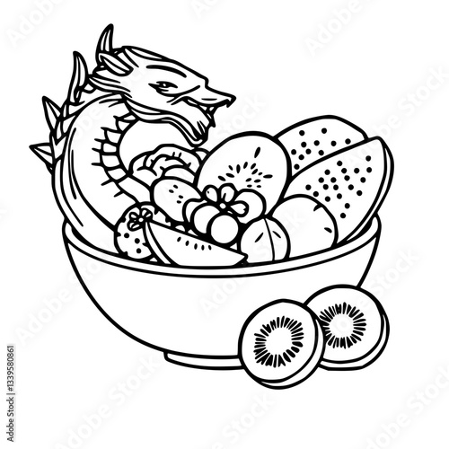 Dragon Fruit Bowl: A whimsical illustration of a dragon guarding a delicious fruit bowl perfect for colori