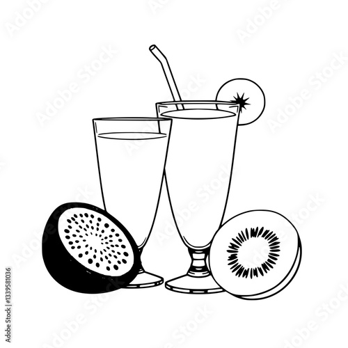 Refreshing Tropical Fruit Smoothies in Glasses with Kiwi and Dragon Fruit Slices                              