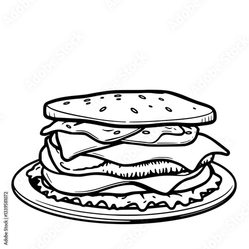 A delicious burger stacked with layers of beef, cheese, lettuce, and tomato, served in a sesame bun, isolated on a white background, showcasing a fast food meal