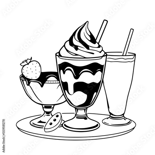 Delicious Dessert Trio: Ice Cream Sundae Milkshake and Strawberry Delight                                   