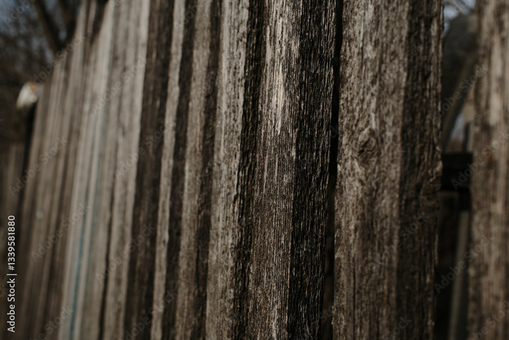 Obraz premium A close-up of a weathered wooden fence showcases the rough texture and aged wood grain. The planks are vertically aligned, with gaps creating depth and contrast between light and shadow.