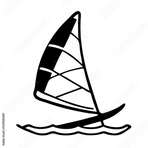 Windsurfing icon with sailboard on water in black and white