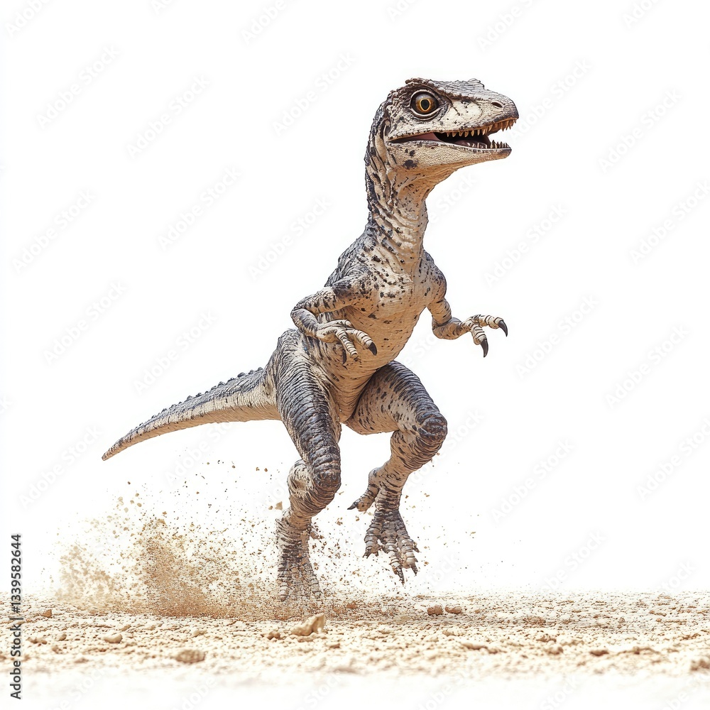 Obraz premium Baby dinosaur running on sand, white background, illustration, children's book