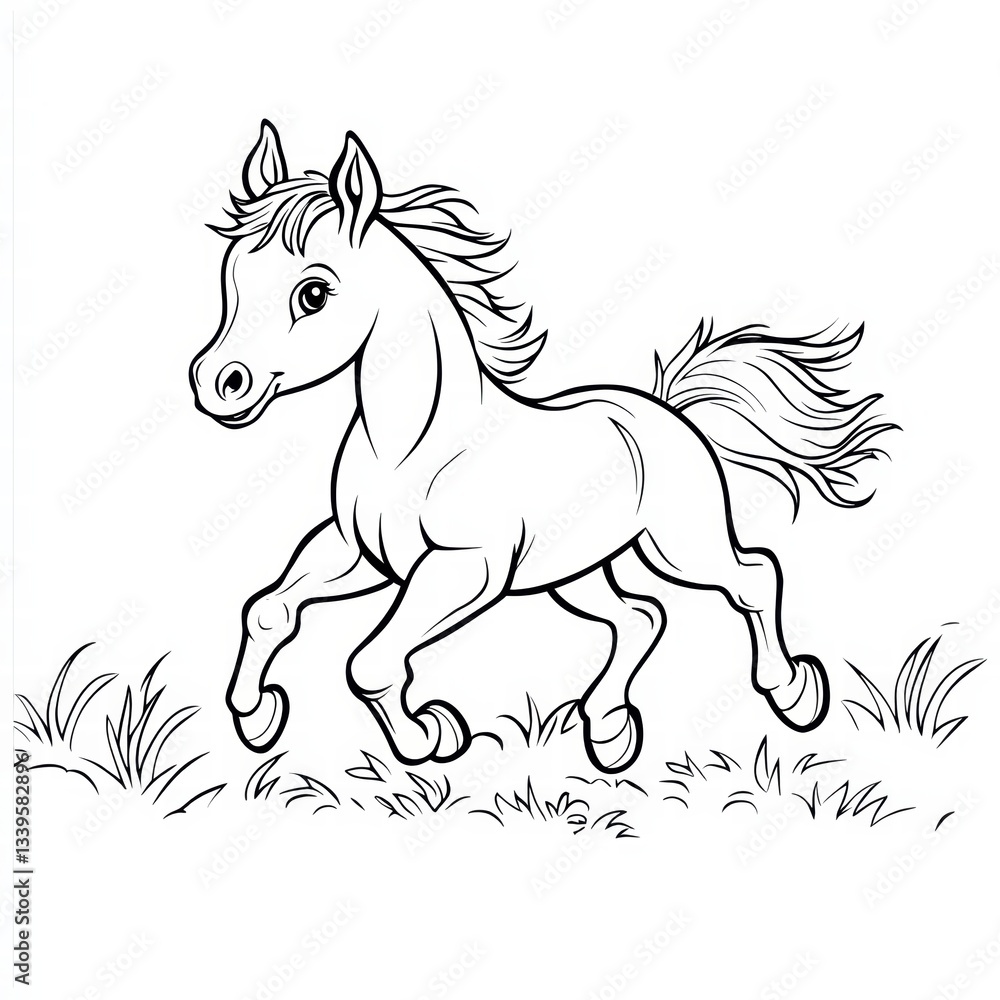 Obraz premium Playful Foal in Motion: Capturing the spirited essence of a young foal galloping across a grassy field, a line art illustration that celebrates freedom, energy, and the joy of youth.