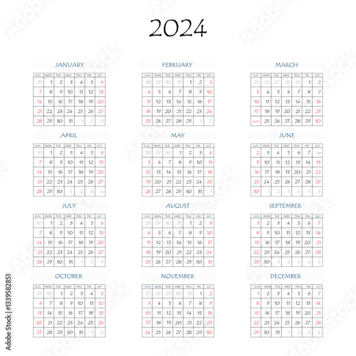 2024 calendar planner. Corporate week. Template layout, 12 months yearly, white background. Simple design for business brochure, flyer, print media, advertisement. Week starts from Monday.