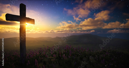 Big wooden cross on a flowering hill with moving clouds