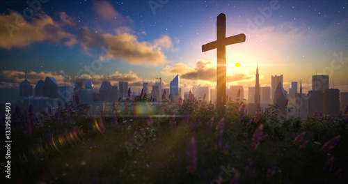 Big wooden cross on a flowering hill in front of the city with moving clouds