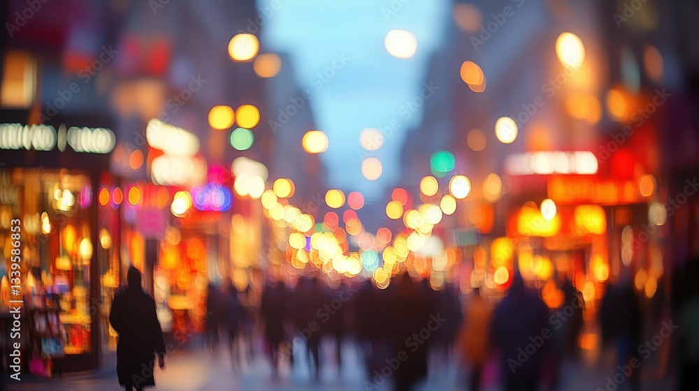 Soft focus city street at twilight with warm glowing lights and movement Soft focus city street at twilight with warm glowing lights and movement