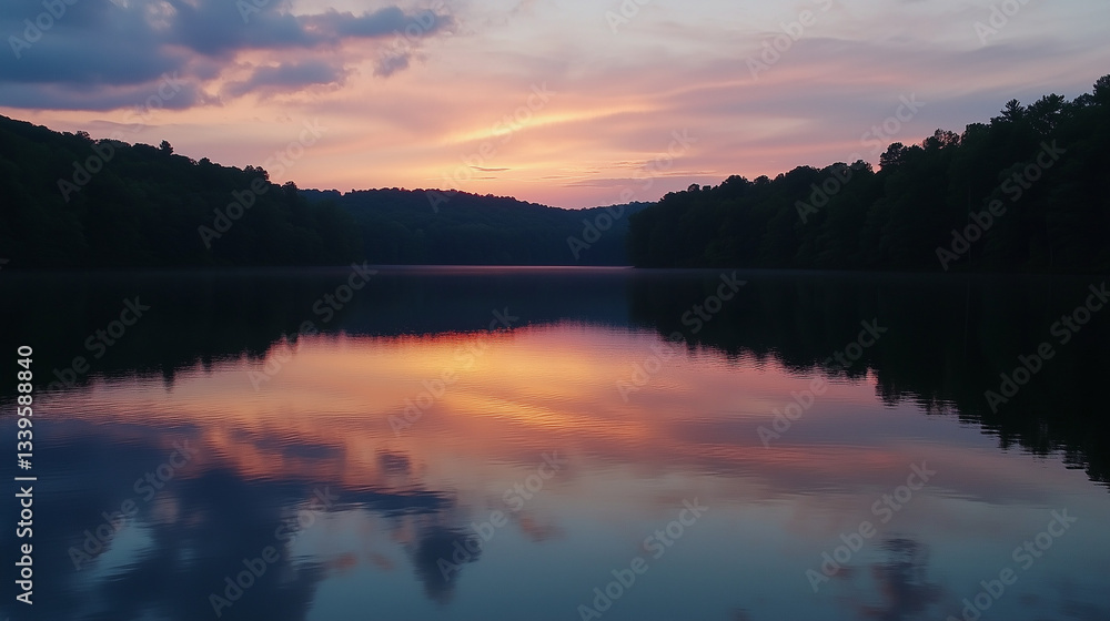 Fototapeta premium Serene smooth glass-like lake surface reflecting changing skies and ethereal light for breathtaking tranquility absolutely