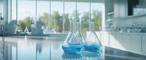Three glass flasks with blue liquid sit on a lab table, a blurred lab background visible showcasing science, research, or discovery