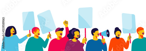 Modern flat-style illustration of a diverse group holding blank signs and a megaphone, symbolizing activism and unity. Ideal for social campaigns, articles, blogs, posters, and educational materials.