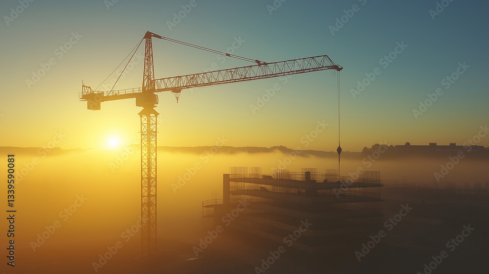 Obraz premium Large construction crane standing tall in a quiet construction zone amidst urban development