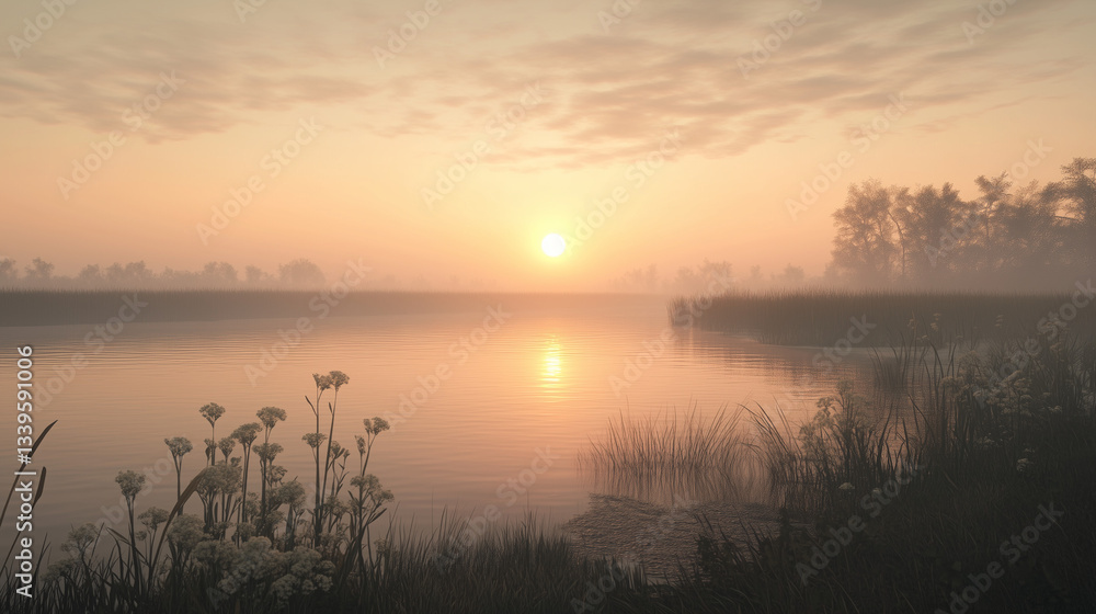 Serene misty lake at sunrise with the sun barely visible, enveloping nature in gentle light Serene misty lake at sunrise with the sun barely visible, enveloping nature in gentle light