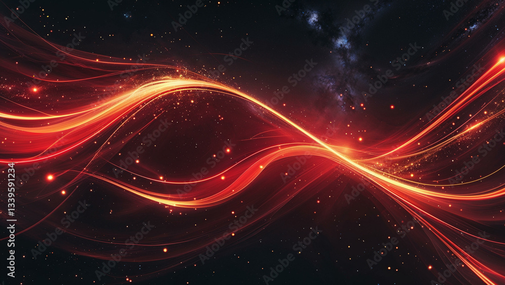 Fototapeta premium A cosmic abstract background with flowing, curved streaks of glowing fiery red and orange light against a deep dark space backdrop. 