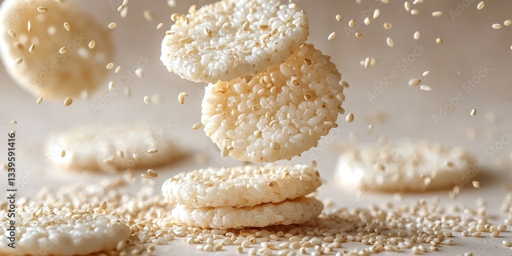 Levitating rice crackers with sesame seeds on a pastel cream background Levitating rice crackers with sesame seeds on a pastel cream background