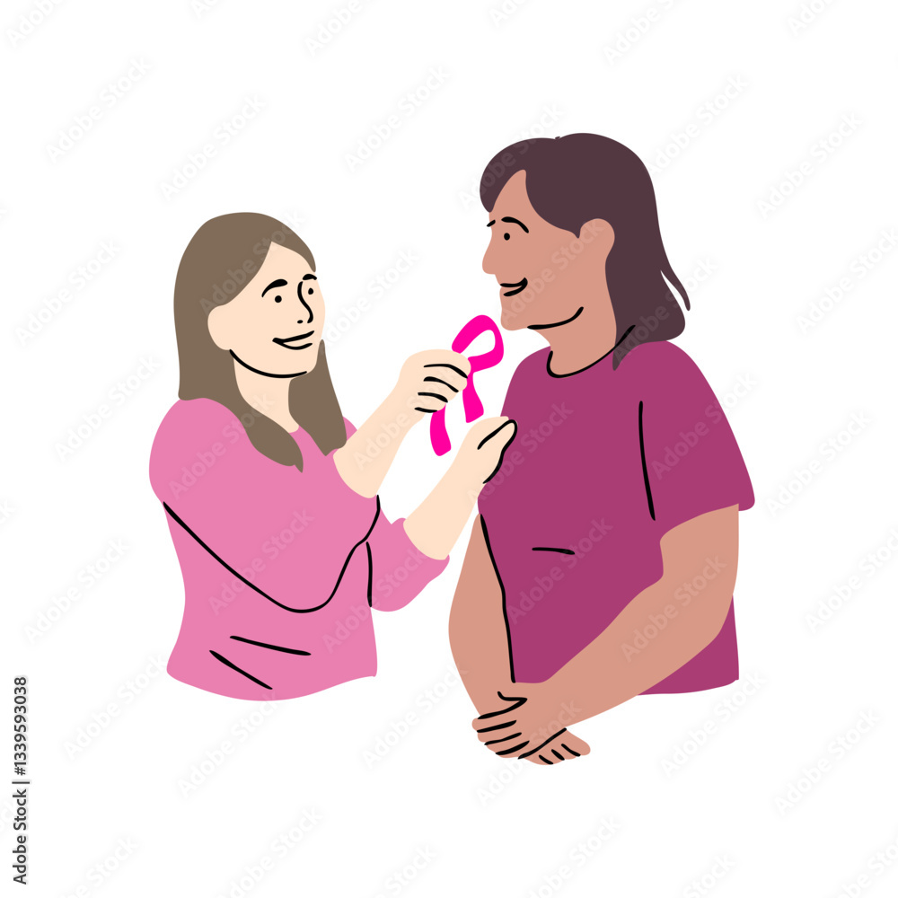 Two women supporting breast cancer awareness. Two women supporting breast cancer awareness.