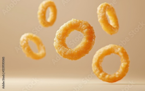 Onion ring chips with crunchy coating, floating on a pastel beige background