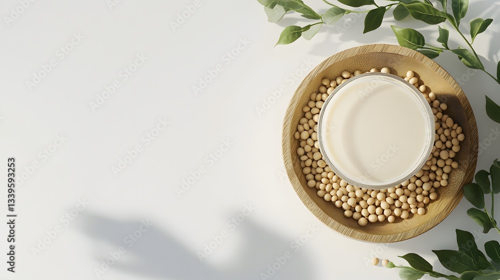 Soy milk in glass bowl with soybeans and leaves