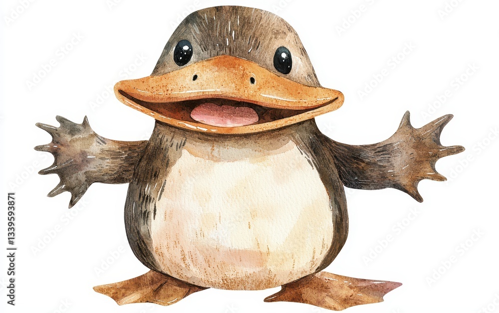 Fototapeta premium Painted drawing illustration of a cute platypus with a wide, happy beak. On white background. Kids book style