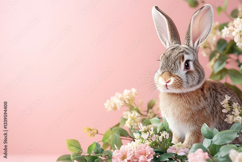 Fototapeta premium Easter Background, Easter Banner, Adorable Brown Bunny Rabbit Surrounded by Delicate Pink Spring Flowers on a Pastel Pink Background