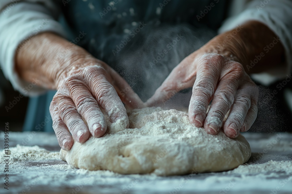 Fototapeta premium Old wrinkled hands kneading dough with flour in a rustic kitchen during daytime