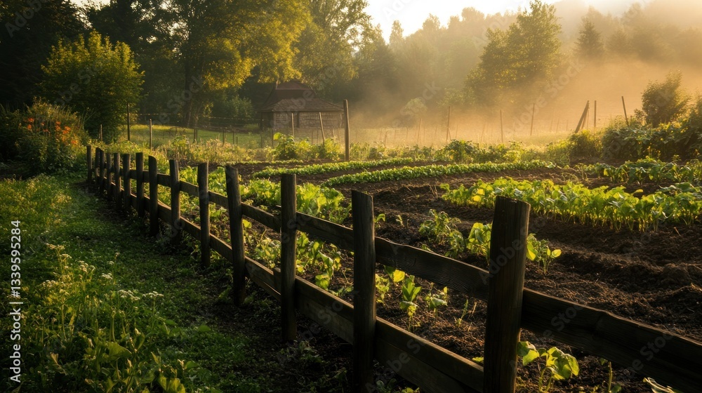 Obraz premium Enchanting vegetable garden behind a rustic fence under a serene morning fog