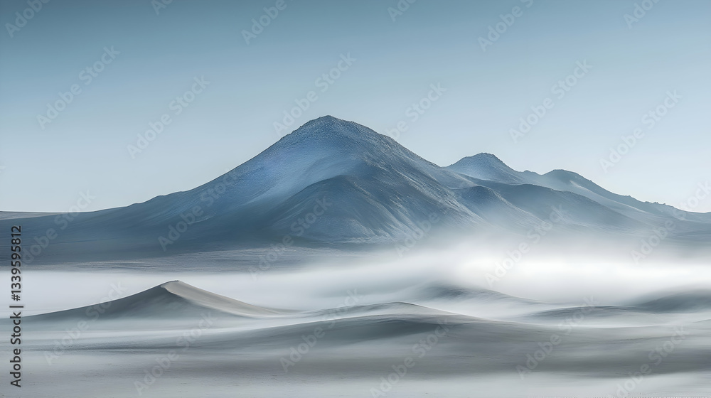 Fototapeta premium A rare desert fog rolling over a dune field in the Atacama Desert, softening the contours of the landscape