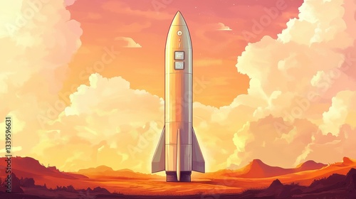 A large rocket stands ready for launch beneath a colorful sky