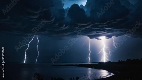 Storm's Fury: A Symphony of Lightning Over Water.