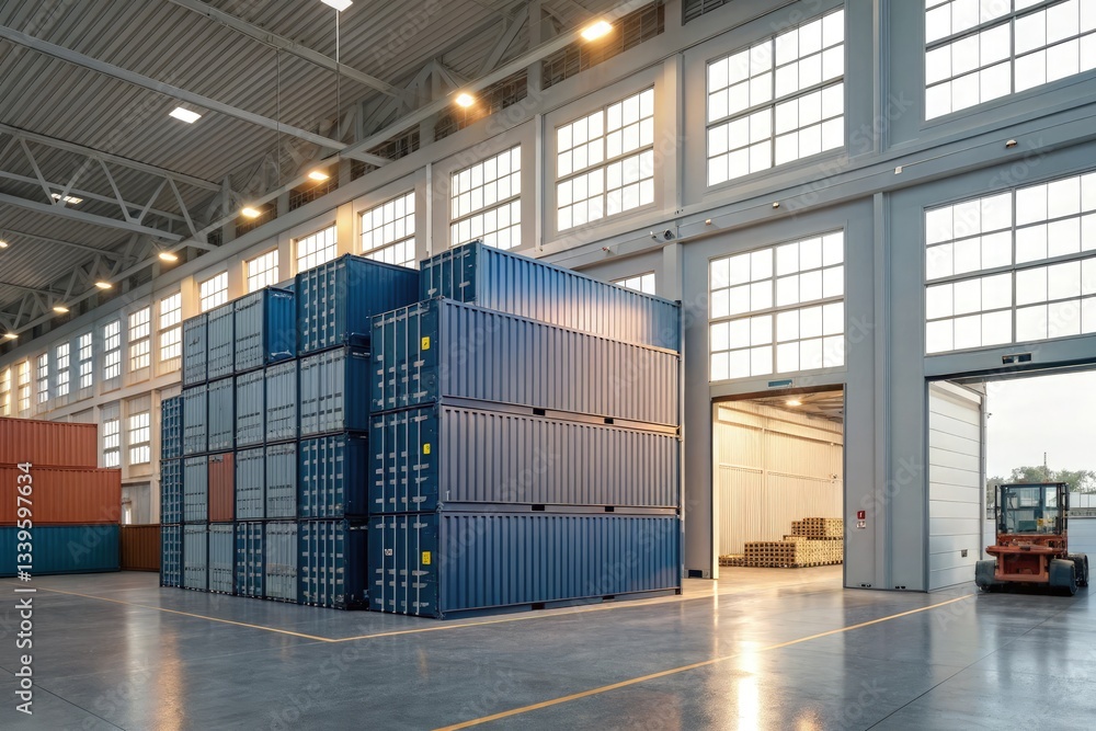 Fototapeta premium Shipping Containers Stacked in Modern Warehouse Interior Generative AI