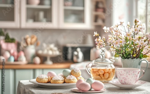 Wallpaper Mural Of a cozy Easter kitchen scene with freshly baked cookies, tea, and pastel eggs Torontodigital.ca