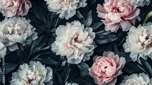 Fototapeta Naklejka Na Ścianę i Meble -  peonies  background. vintage floral wallapers on dark background. realistic flowers 