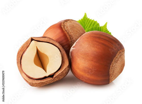 Hazelnut with leaves isolated on white background