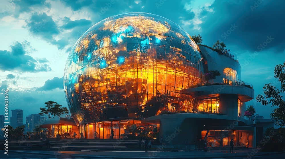 Fototapeta premium A conceptual school building shaped like a globe glowing with vibrant light