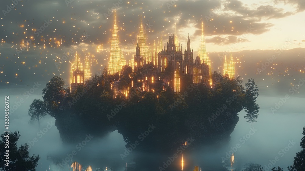 Naklejka premium A conceptual city floating above a glowing digital grid 