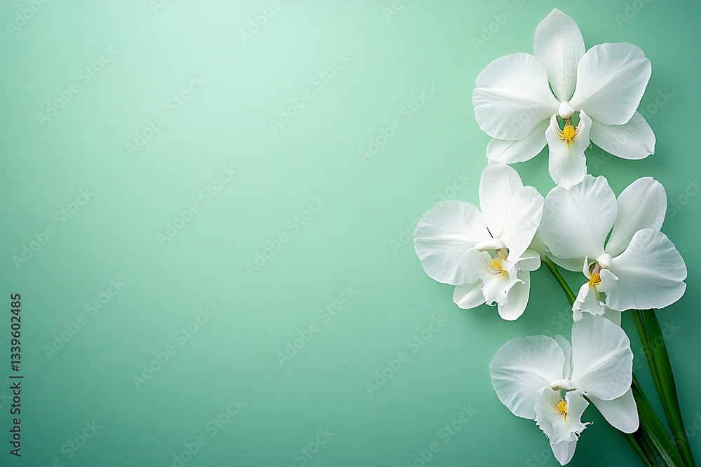 Obraz premium Easter Background, Easter Banner, Elegant White Orchids on Mint Green Background Floral Design Spa Beauty Concept