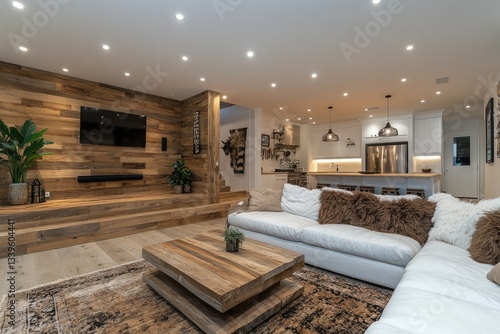 Rustic living room with wood wall, sectional sofa, and wooden coffee table. Perfect for real estate, interior design, or home decor websites.