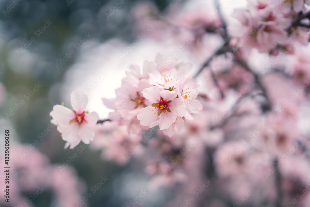 A close up view of elegant cherry blossoms in soft focus in spring A close up view of elegant cherry blossoms in soft focus in spring