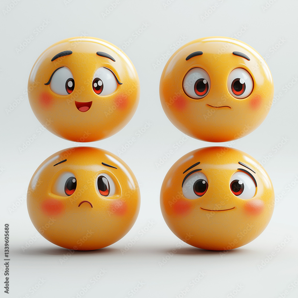Four yellow emoji faces expressing different emotions: happy, sad, surprised, and content Four yellow emoji faces expressing different emotions: happy, sad, surprised, and content
