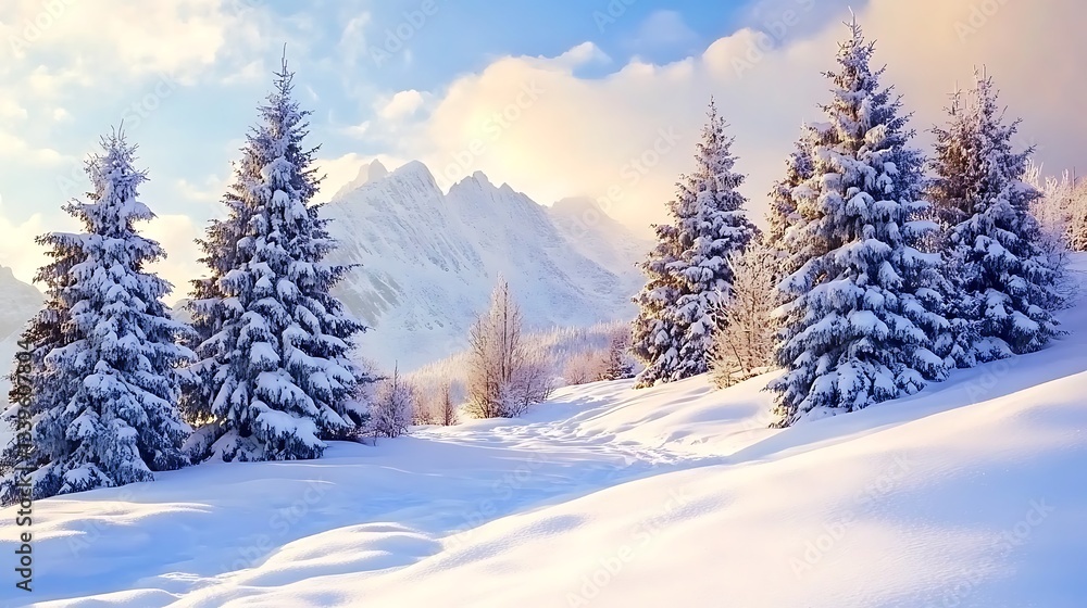 Snowy mountain landscape with snow-covered pine trees at sunrise. Snowy mountain landscape with snow-covered pine trees at sunrise.