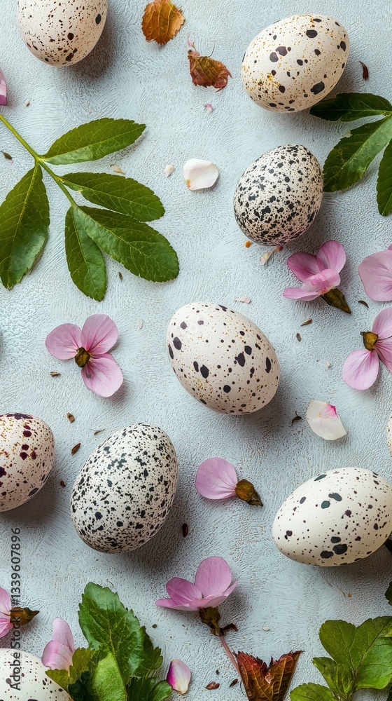 Obraz premium Of a nature-themed Easter background with fresh flowers, leaves, and speckled eggs