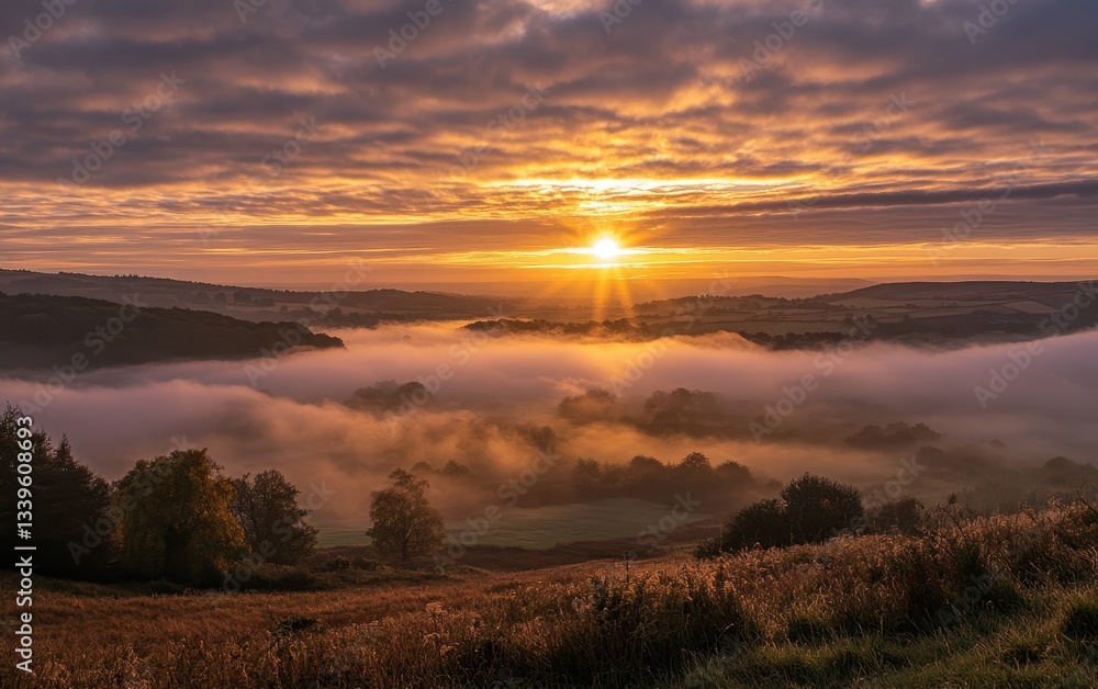 Obraz premium Of a peaceful golden sunset over a misty cloud layer, soft lighting