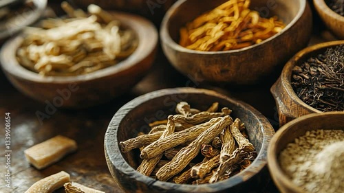 Ancient Herbal Remedies: A Collection of Dried Herbs and Roots in Wooden Bowls
