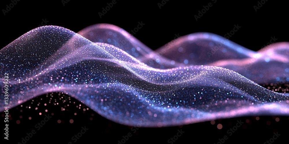 Fototapeta premium Abstract Purple Blue Glitter Wave Digital Art Background Dark Glow Image Shiny Fluid Magic